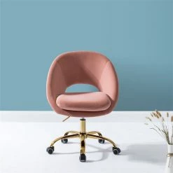 Hot Sale 😉 14 Karat Home Velvet Fabric Upholstered/Iron Task Office Chair In Gold/Pink ✔️ -Deals Writing Desks Store 2577347 1 L