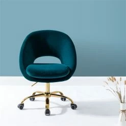 Coupon 🥰 14 Karat Home Velvet Fabric Upholstered/Iron Task Office Chair In Teal Blue 🔔 -Deals Writing Desks Store 2577350 1 L