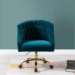 Brand new 🤩 14 Karat Home Velvet Fabric Upholstered/Iron Task Office Chair In Teal Blue/Gold ⭐ -Deals Writing Desks Store 2577357 1 L