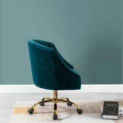 Brand new 🤩 14 Karat Home Velvet Fabric Upholstered/Iron Task Office Chair In Teal Blue/Gold ⭐ -Deals Writing Desks Store 2577357 2 L