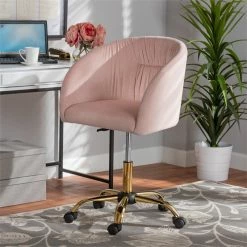 Deals 🤩 Baxton Studio Ravenna Pink Velvet Fabric And Gold Metal Swivel Office Chair 😀 -Deals Writing Desks Store 2599705 9 L