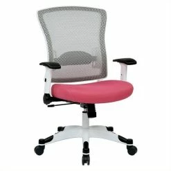 Best Pirce ✔️ Office Star SPACE White Frame Managers Chair Pink Padded Mesh Fabric Seat And Back Flip Arms 🔥