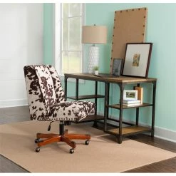 Outlet 🧨 Linon Draper Wood Upholstered Office Chair In Brown Cow Print 👏 -Deals Writing Desks Store 638245 15 L