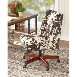 Outlet 🧨 Linon Draper Wood Upholstered Office Chair In Brown Cow Print 👏 -Deals Writing Desks Store 638245 2 L